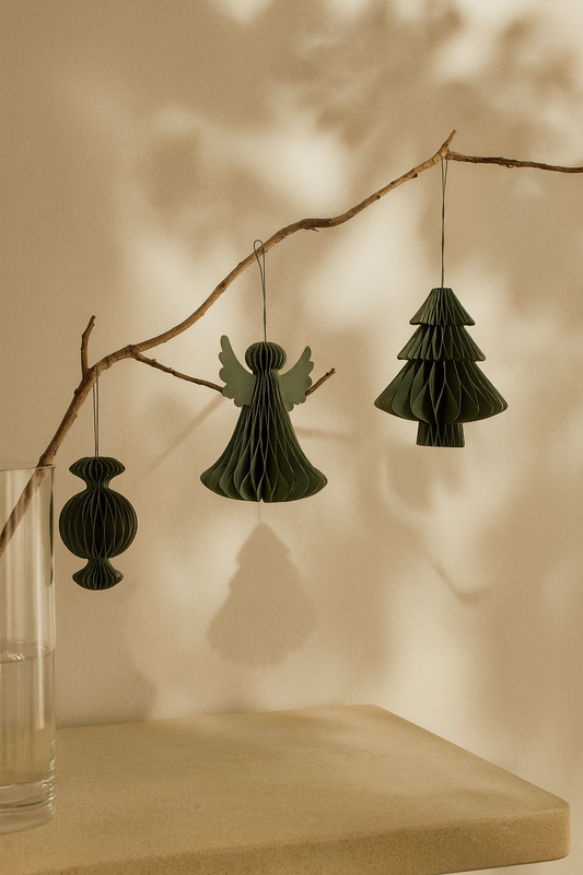 Papier-Christbaumkugeln Set Engel, Tanne & Bonbon