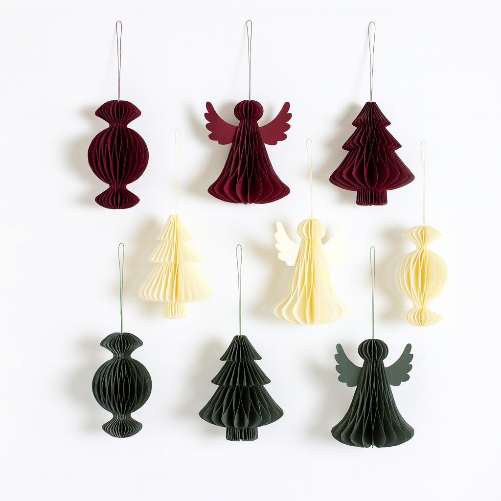 Papier-Christbaumkugeln Set Engel, Tanne & Bonbon