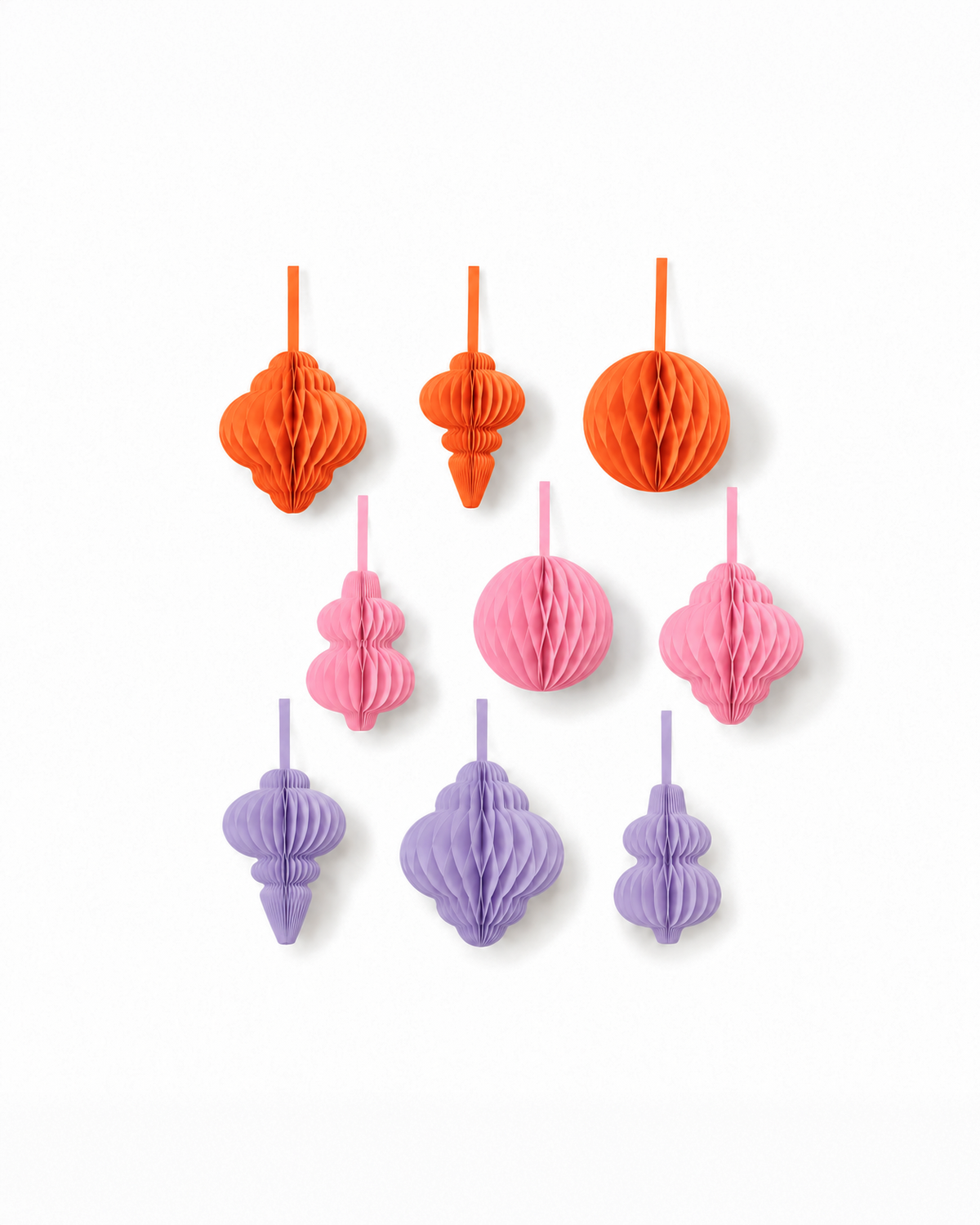 Papier-Christbaumschmuck Kugeln & Ornamente – Rosa, Flieder & Orange