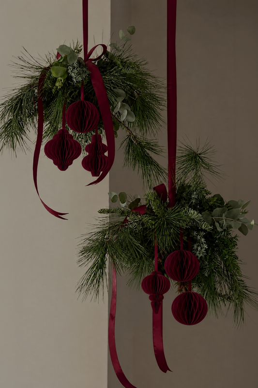 Papier-Christbaumschmuck Kugeln & Ornamente – Karminrot & Dunkelrot