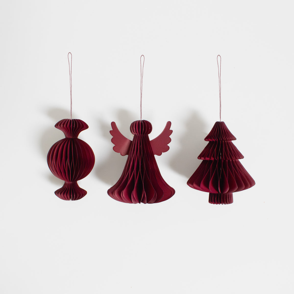 Papier-Baumschmuck Set Engel, Tanne & Bonbon in Dunkelrot