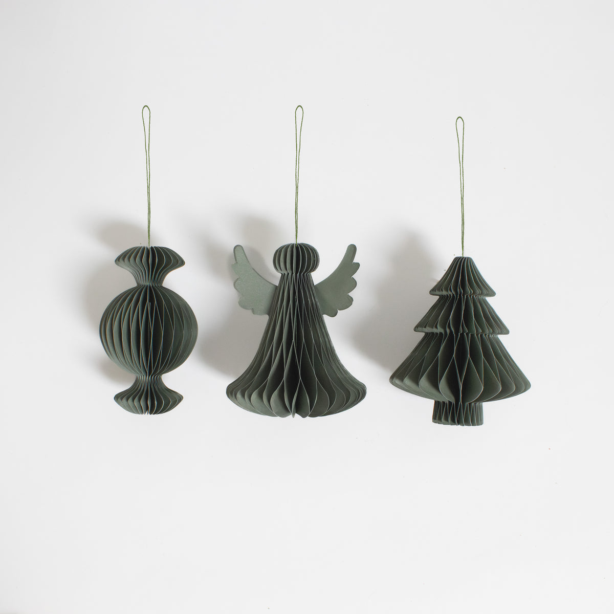 Papier-Baumschmuck Set Engel, Tanne & Bonbon in Tannengrün