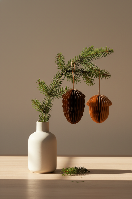 Papier-Tannenzapfen-Anhänger an einem Tannenzweig in einer Vase