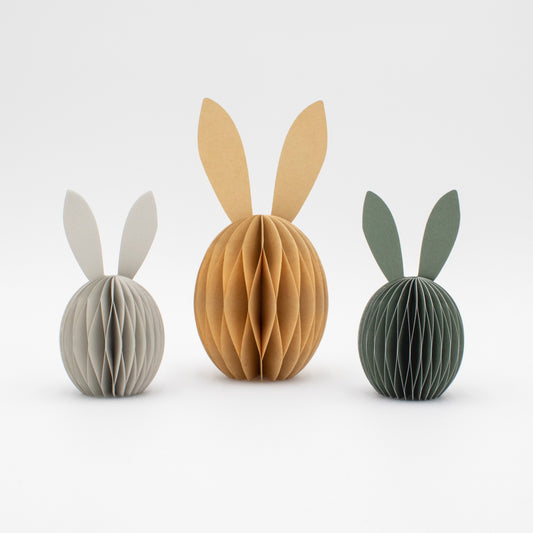 Papier-Osterhase klein – Beige, Hellgrau & Moosgrün, 10 & 15 cm