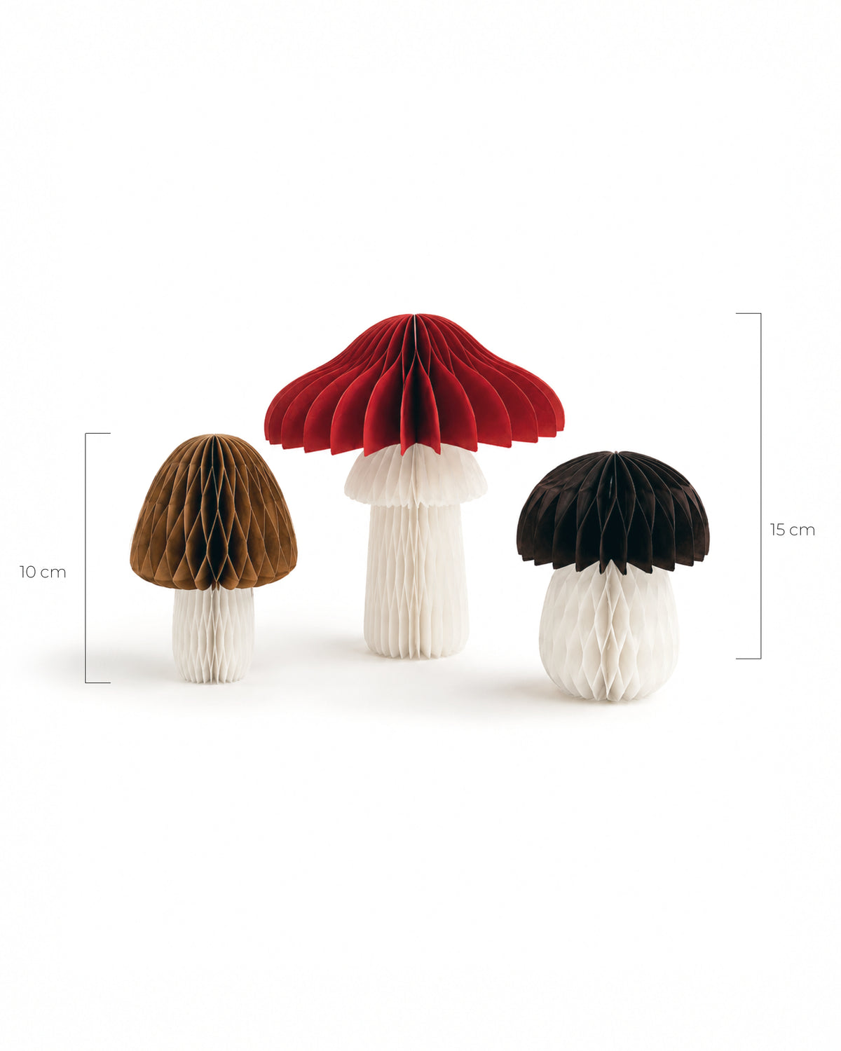 Papierpilze 3er-Set Mix – drei Pilzformen, 10 & 15 cm