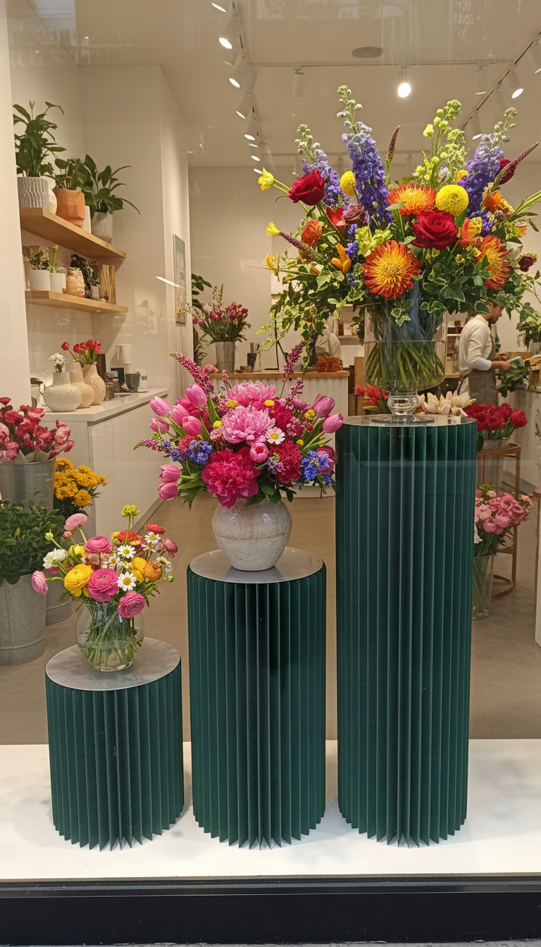 Papiersäule Display Tannengrün – im Schaufenster