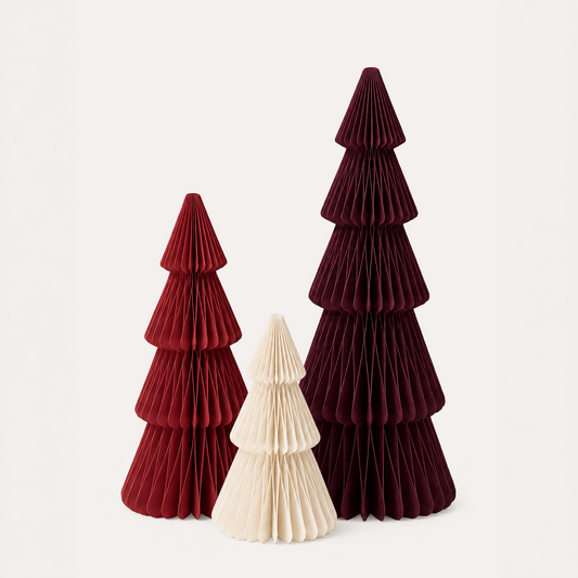 Weihnachtsbaum-Set aus Papier – Offwhite, Rot & Bordeaux, 15 bis 35 cm