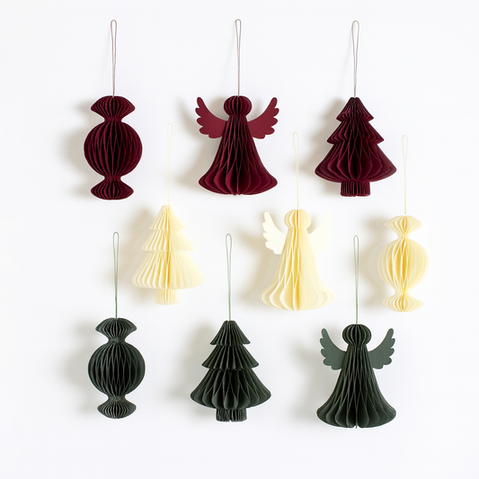 Papier-Christbaumkugeln Set Engel, Tanne & Bonbon