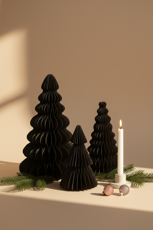 Schwarze Papier-Weihnachtsbäume | Design Deko Set aus Papier | Nachhaltige Weihnachtsdekoration | Minimalistische skandinavische Deko