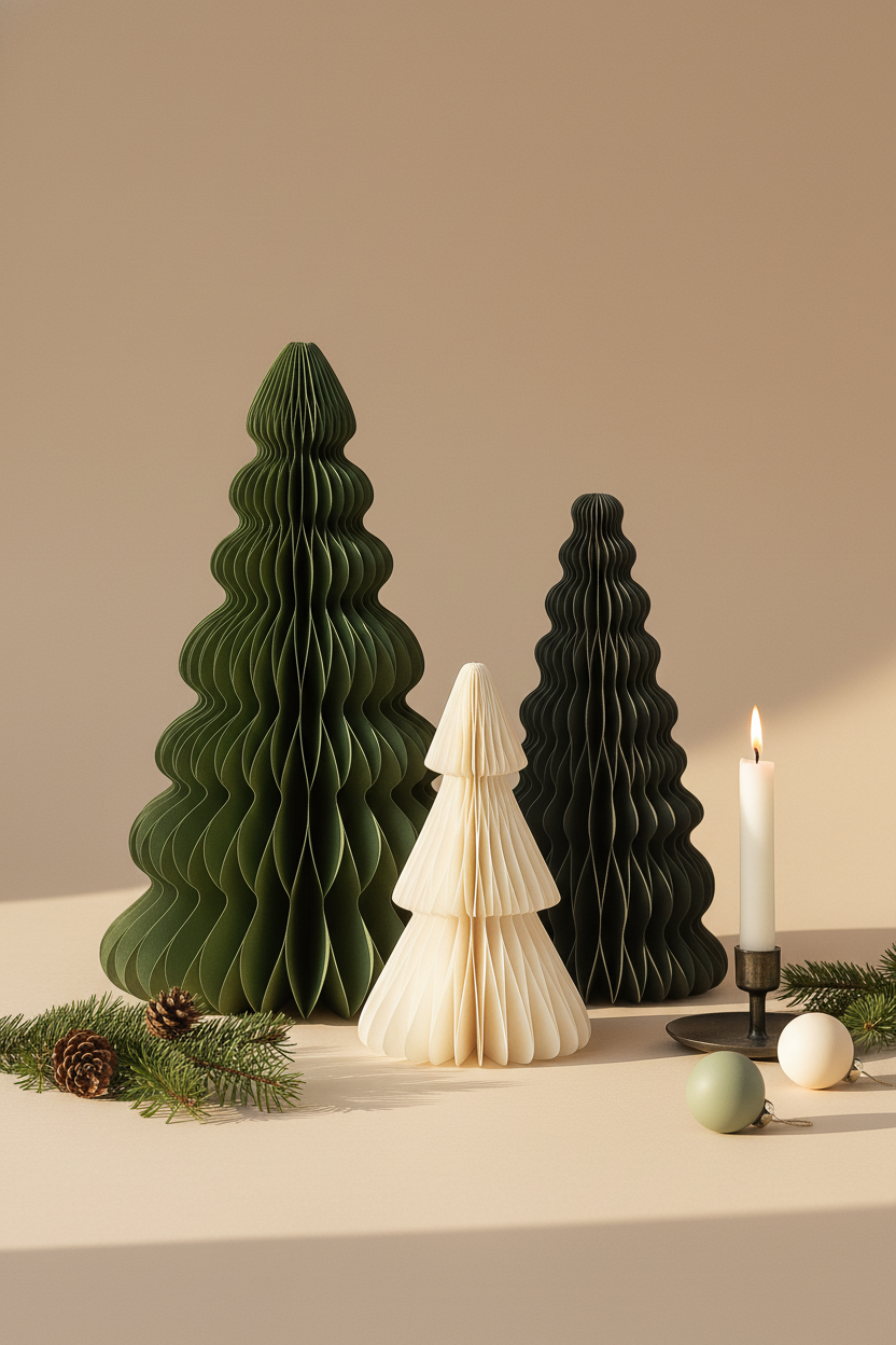 Grün Papier-Weihnachtsbäume | Design Deko Set aus Papier | Nachhaltige Weihnachtsdekoration | Minimalistische skandinavische Deko