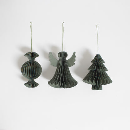 Papier-Baumschmuck Set Engel, Tanne & Bonbon in Tannengrün