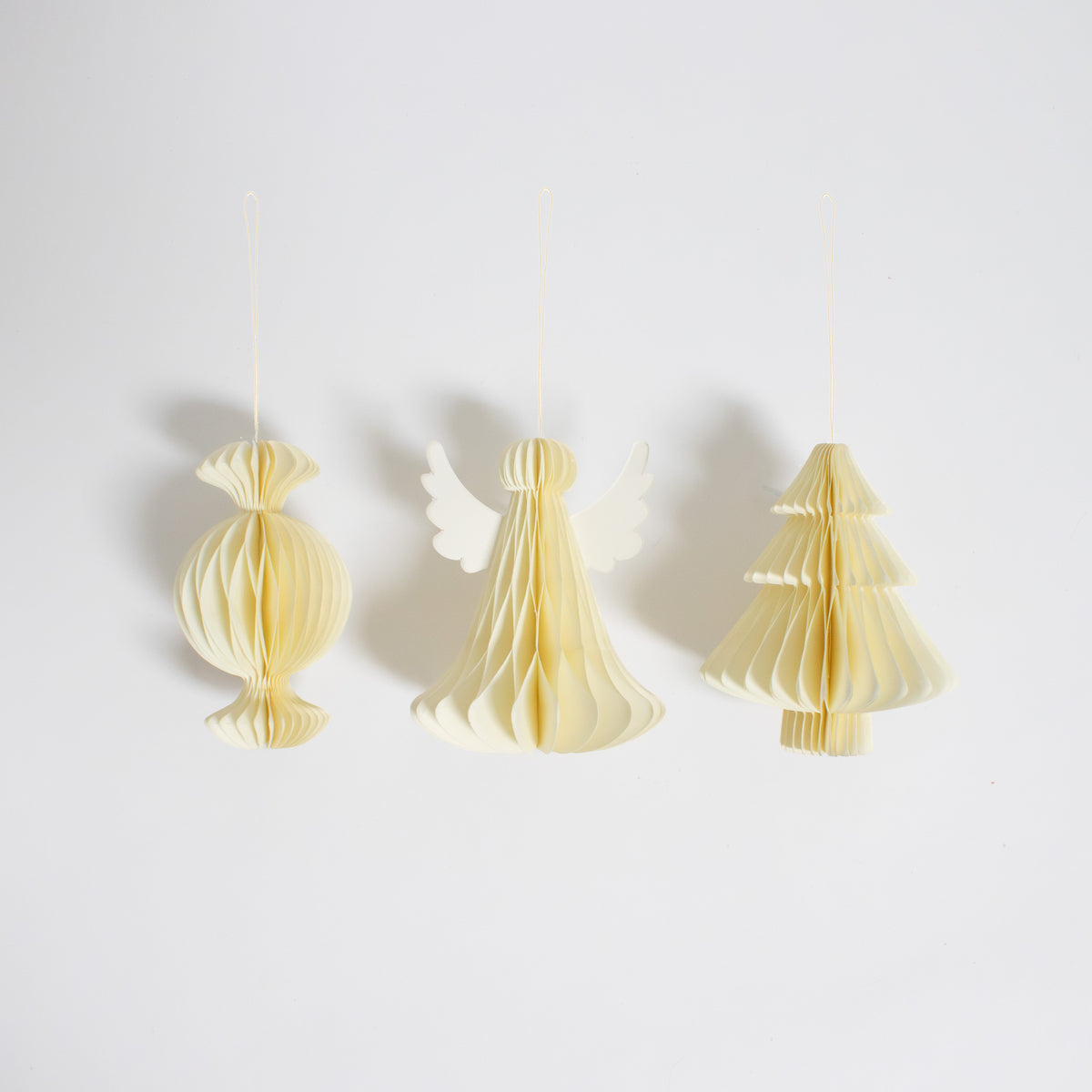 Papier-Baumschmuck Set Engel, Tanne & Bonbon in Weiß