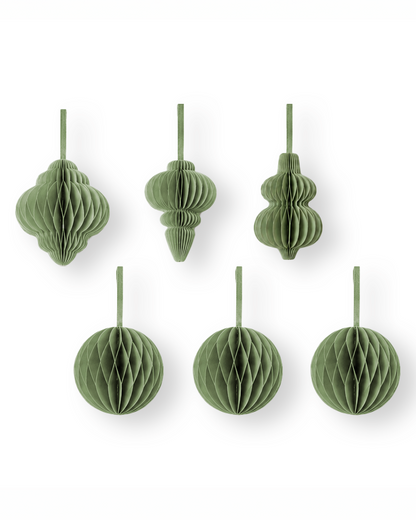 Papier-Christbaumschmuck Kugeln & Ornamente 6er-Set in Salbeigrün