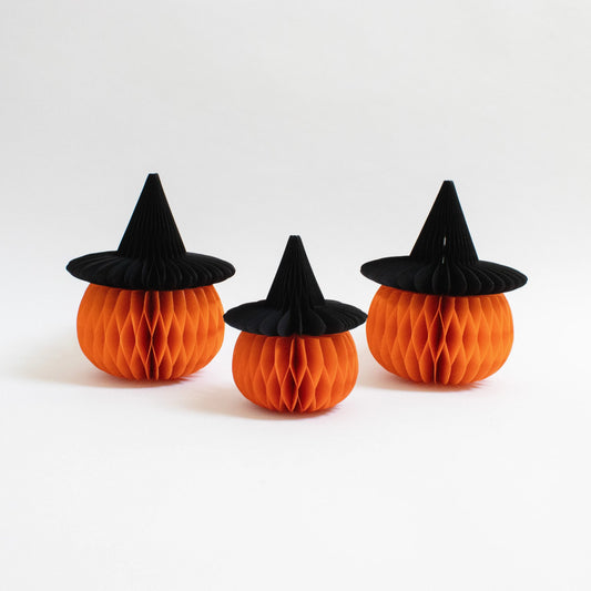 Papier-Kürbis mit Hexenhut – Halloween-Deko, 15 & 20 cm