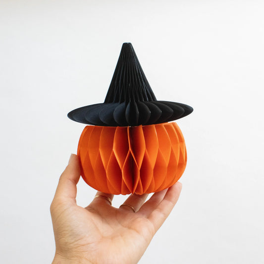 Papier-Kürbis mit Hexenhut – Halloween-Deko, 15 & 20 cm