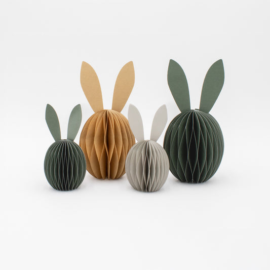 Papier-Osterhase klein – Beige, Hellgrau & Moosgrün, 10 & 15 cm