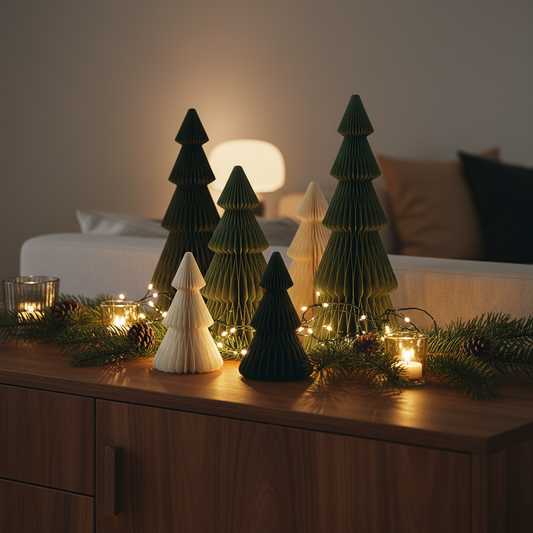 Papier-Weihnachtsbaum klein – Offwhite & Grün, 15 bis 70 cm
