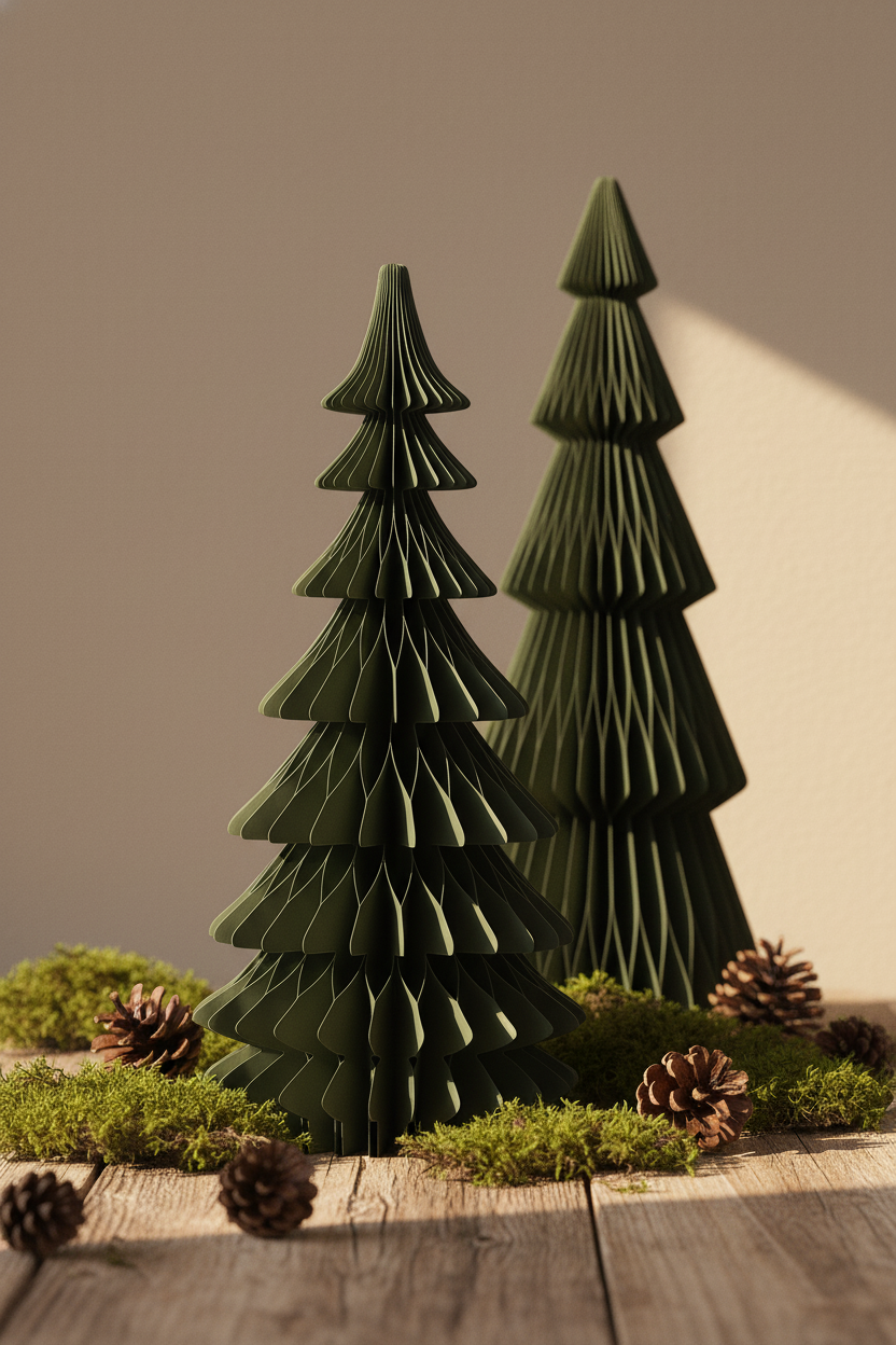 Papier-Weihnachtsbäume Freya und Sanna in Dunkelgrün auf Moos