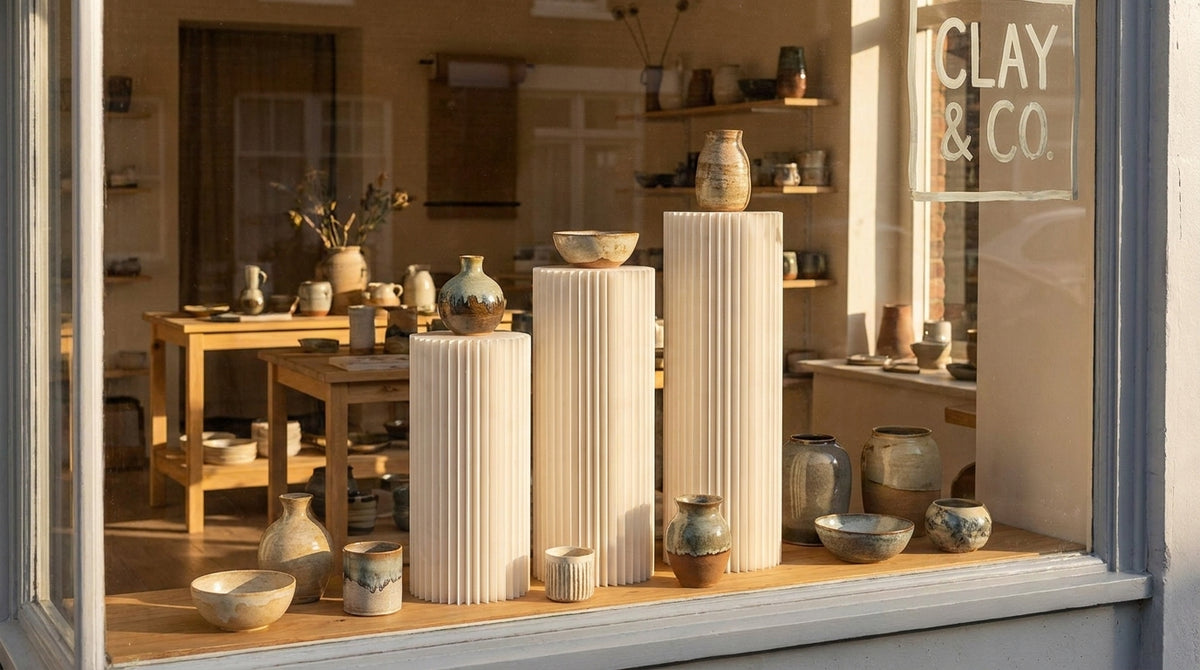 Weiße Papiersäulen als Präsentationspodeste im Schaufenster eines Keramikladens