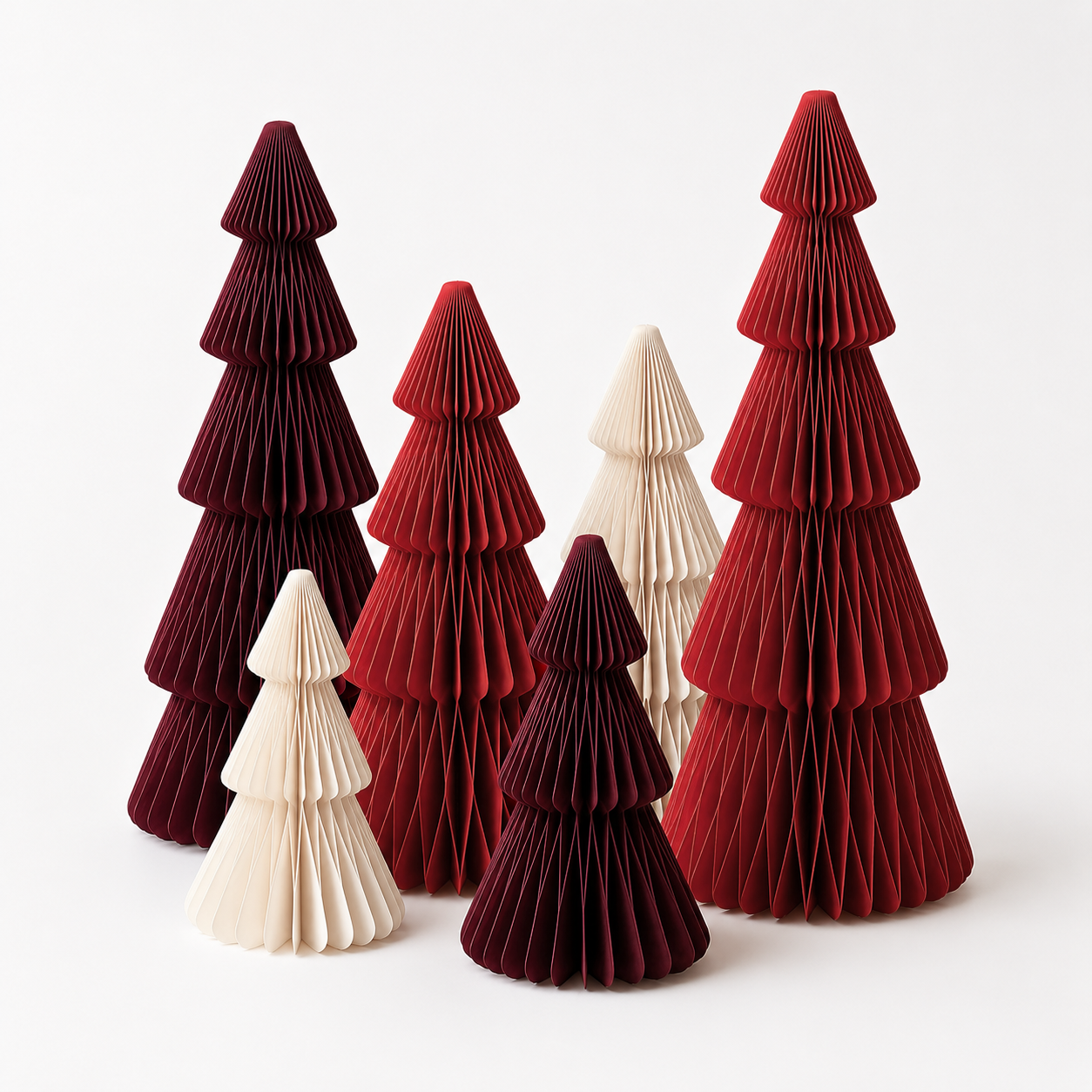 Papier Weihnachtsbaum Set – Offwhite, Karminrot & Bordeaux
