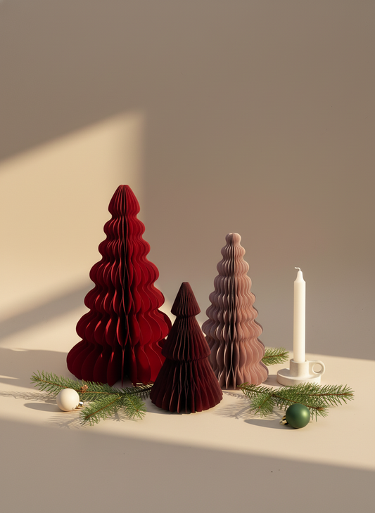 Rote Papier-Weihnachtsbäume | Design Deko Set aus Papier | Nachhaltige Weihnachtsdekoration | Minimalistische skandinavische Deko