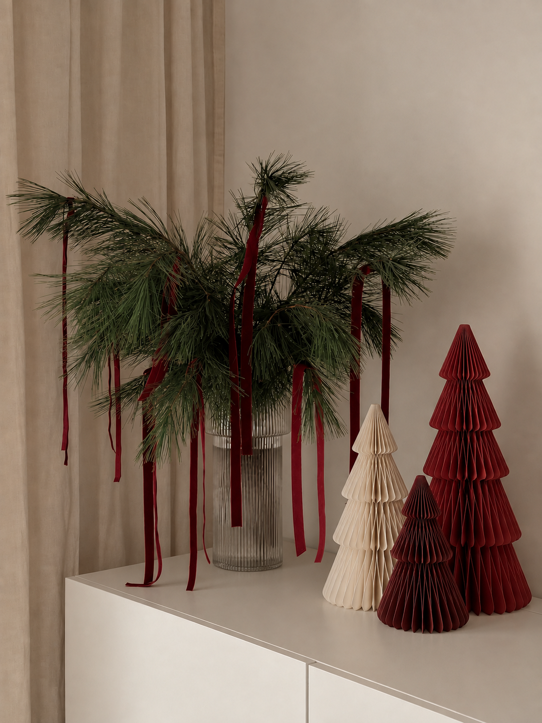 Papier Weihnachtsbaum Set – Offwhite, Karminrot & Bordeaux