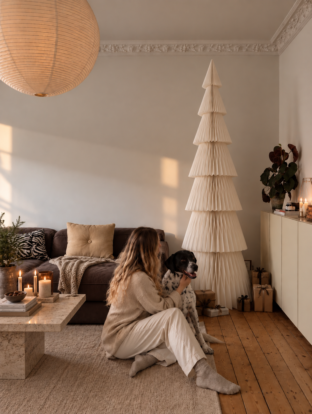 XXL Papierbaum in einem Wohnzimmer Setting mit einer Person und Hund